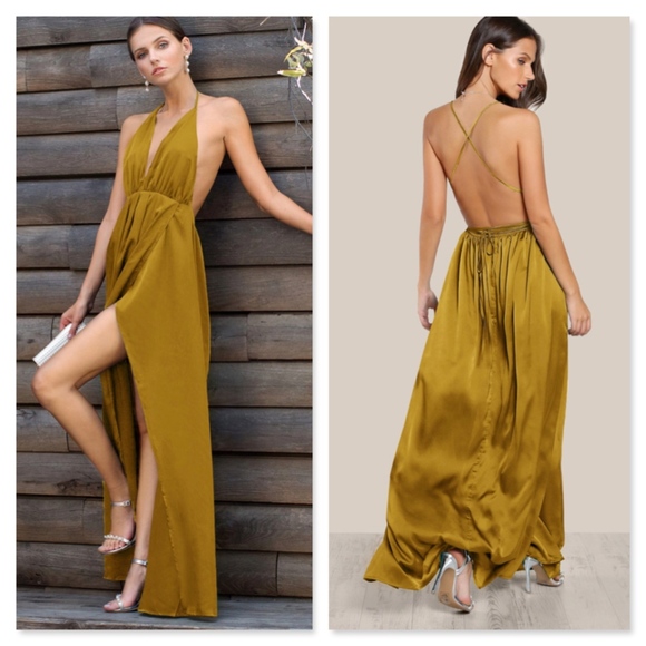 Rouge! Dresses & Skirts - Satin Backless Plunging V High Slit Maxi Dress